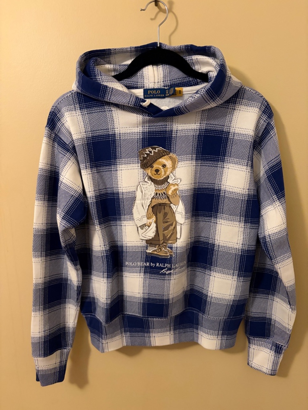 Polo by Ralph Lauren Blue & White Plaid Bear Hooded Sweater